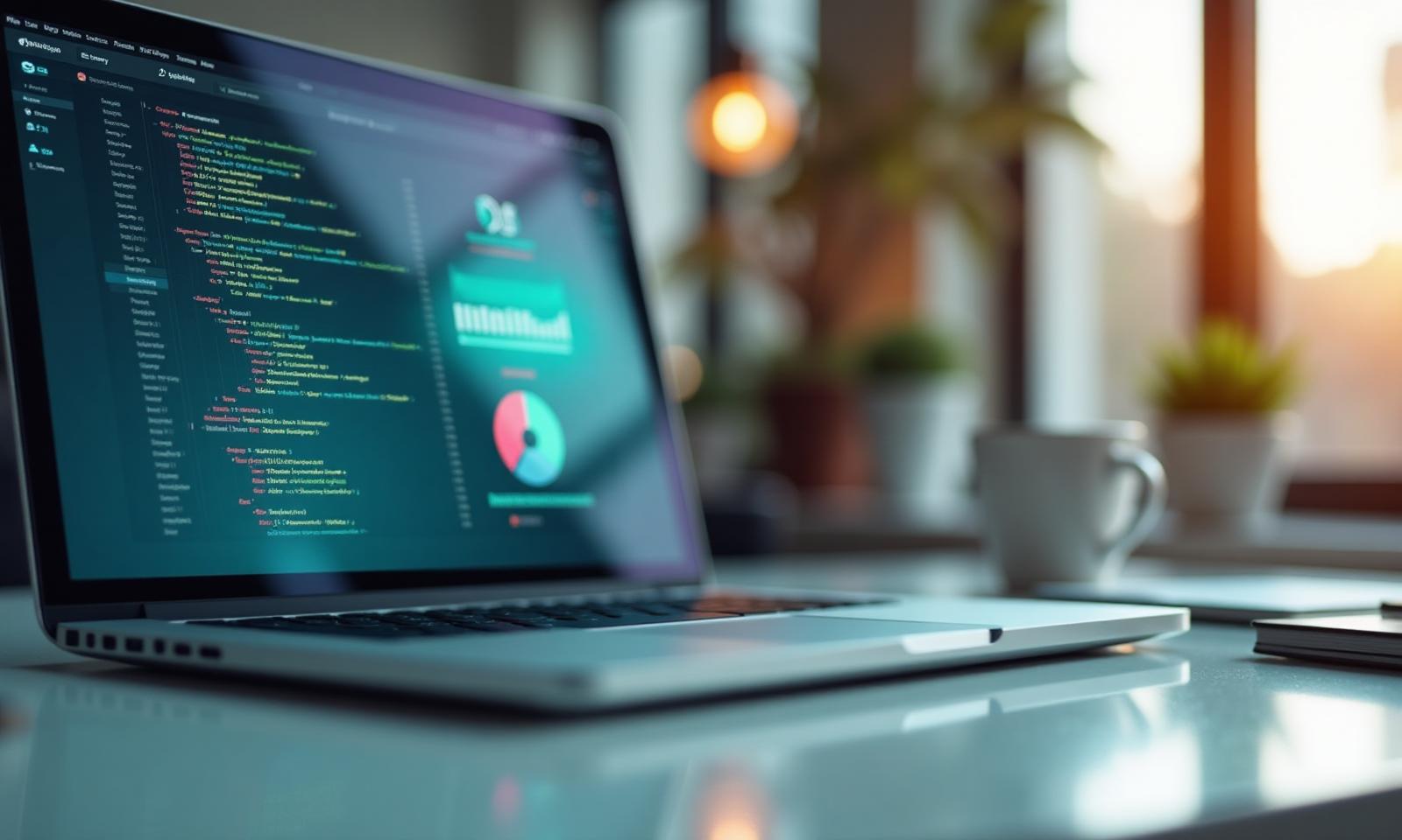 Modern software agency workspace with dashboards and code